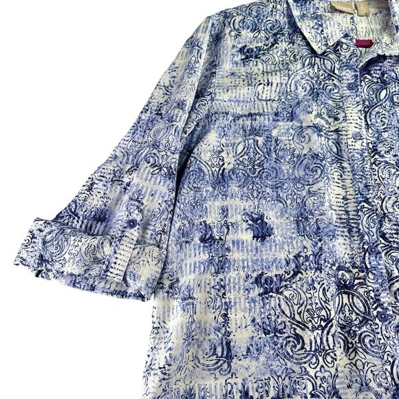 Chico's Fleur-de-lis Blouse Women’s Size 3 Blue XL/16 Easy Care Button Down - Picture 7 of 15